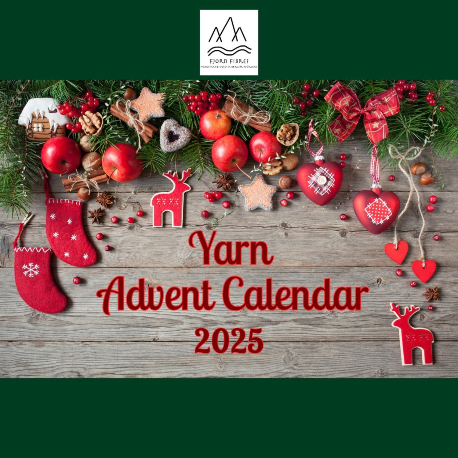 Yarn Advent Calendar 2025 with festive decorations on a wooden background