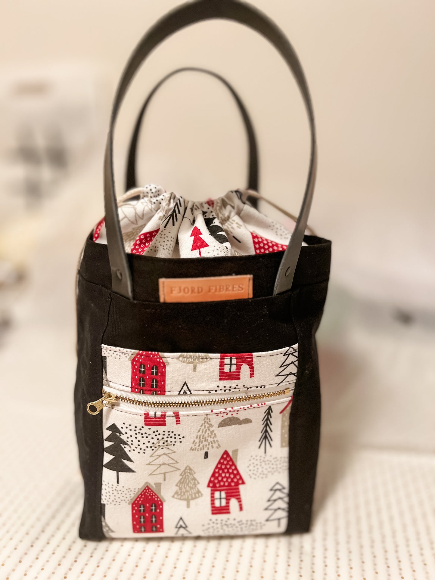Canvas Drawstring Project Bag - Black - Winter Christmas theme
