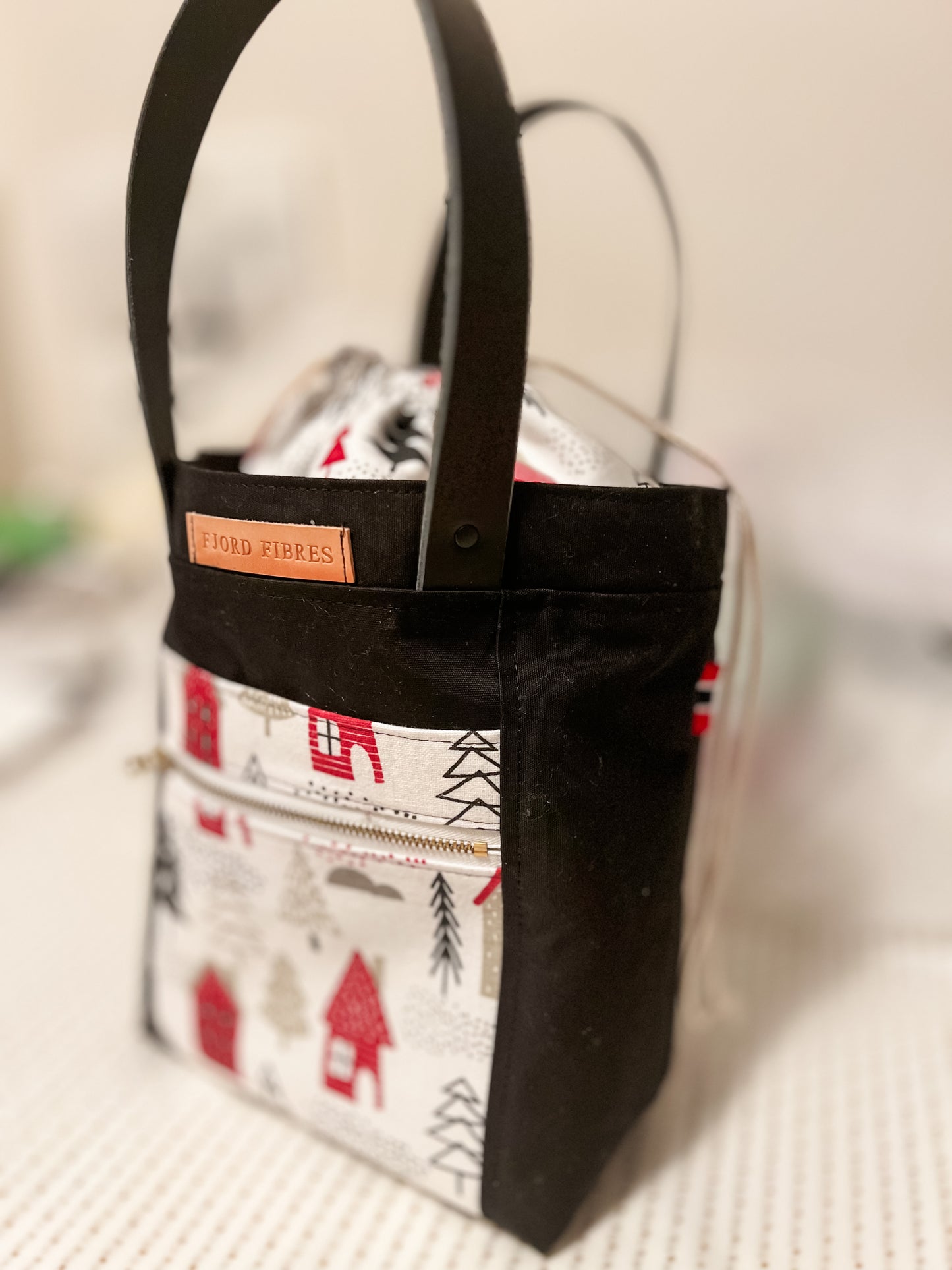 Canvas Drawstring Project Bag - Black - Winter Christmas theme