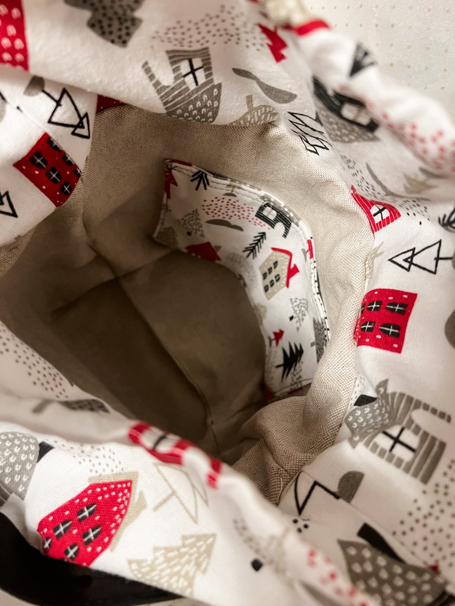 Canvas Drawstring Project Bag - Black - Winter Christmas theme