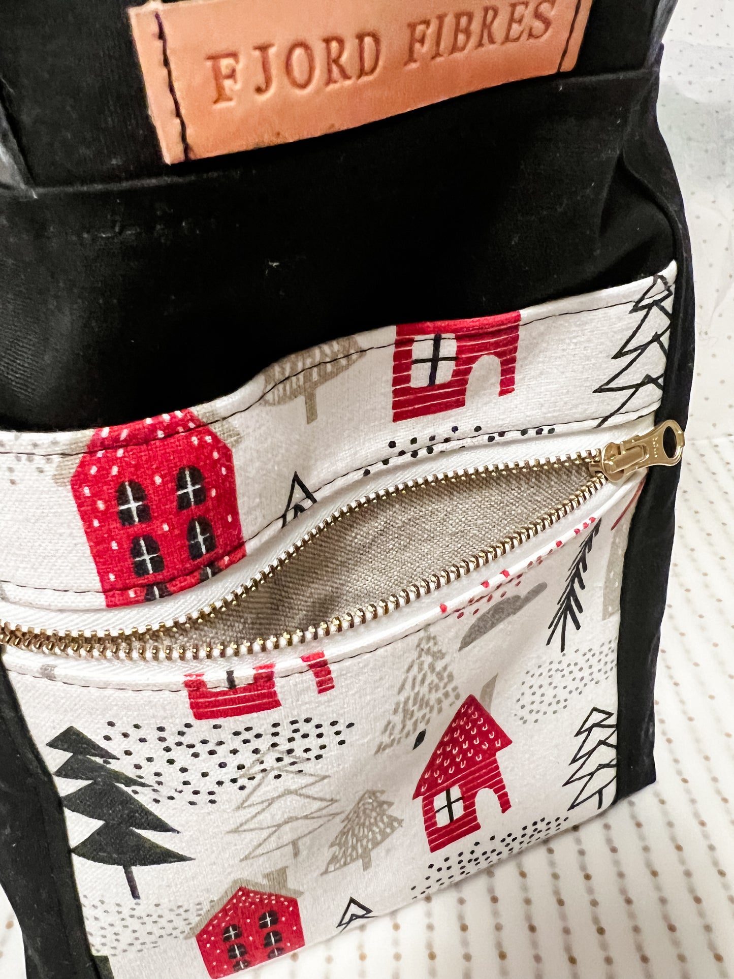 Canvas Drawstring Project Bag - Black - Winter Christmas theme