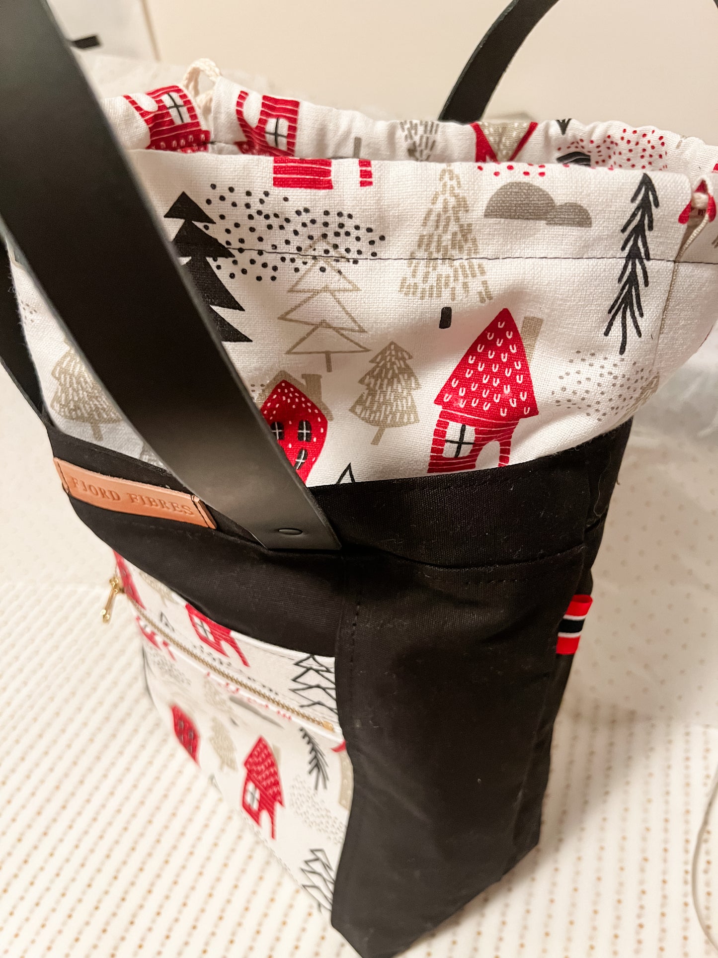 Canvas Drawstring Project Bag - Black - Winter Christmas theme