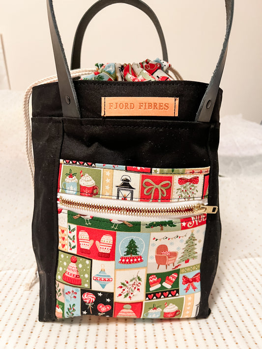 Canvas Drawstring Project Bag - Black  - Cozy Christmas theme