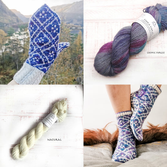 Fleur Élise Mittens and Sock Kit  Bundle - Cosmic Forces/Natural - Yarn and Printed Pattern in English/Norwegian