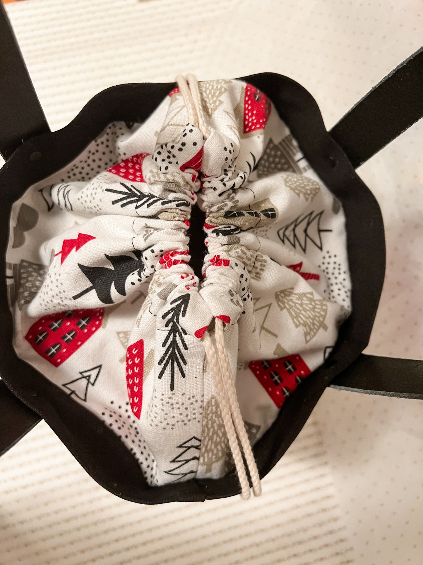Canvas Drawstring Project Bag - Black  - Winter Christmas theme