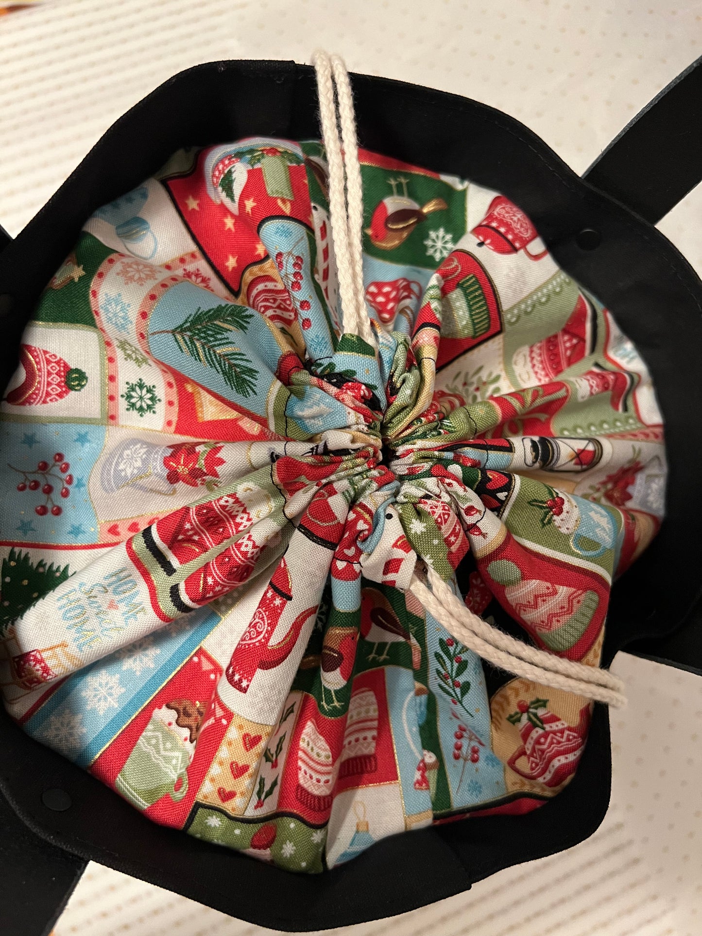 Canvas Drawstring Project Bag - Black  - Cozy Christmas theme