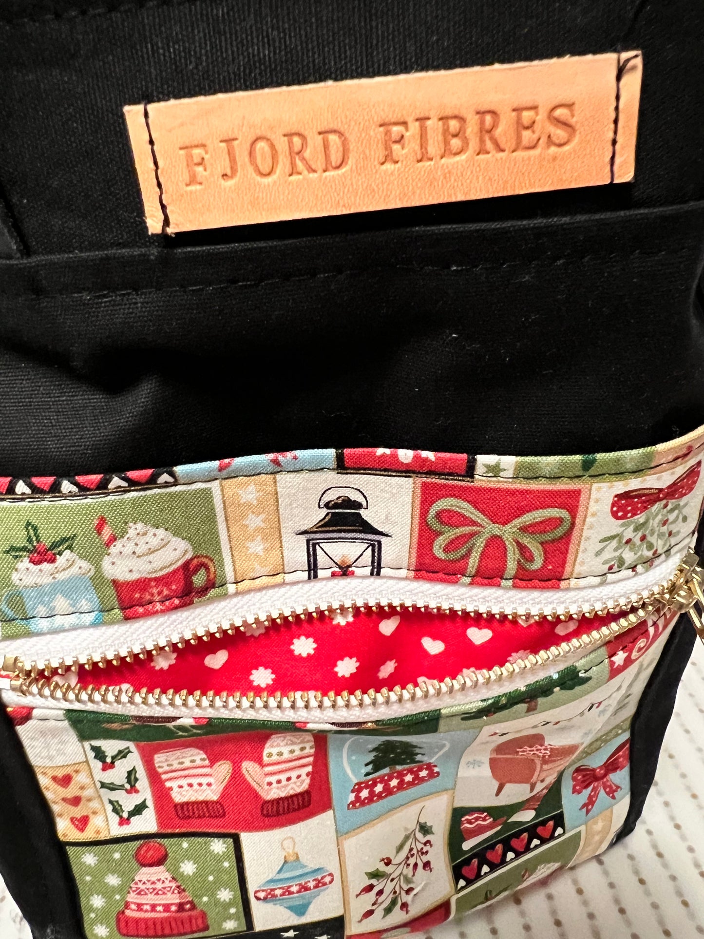 Canvas Drawstring Project Bag - Black  - Cozy Christmas theme