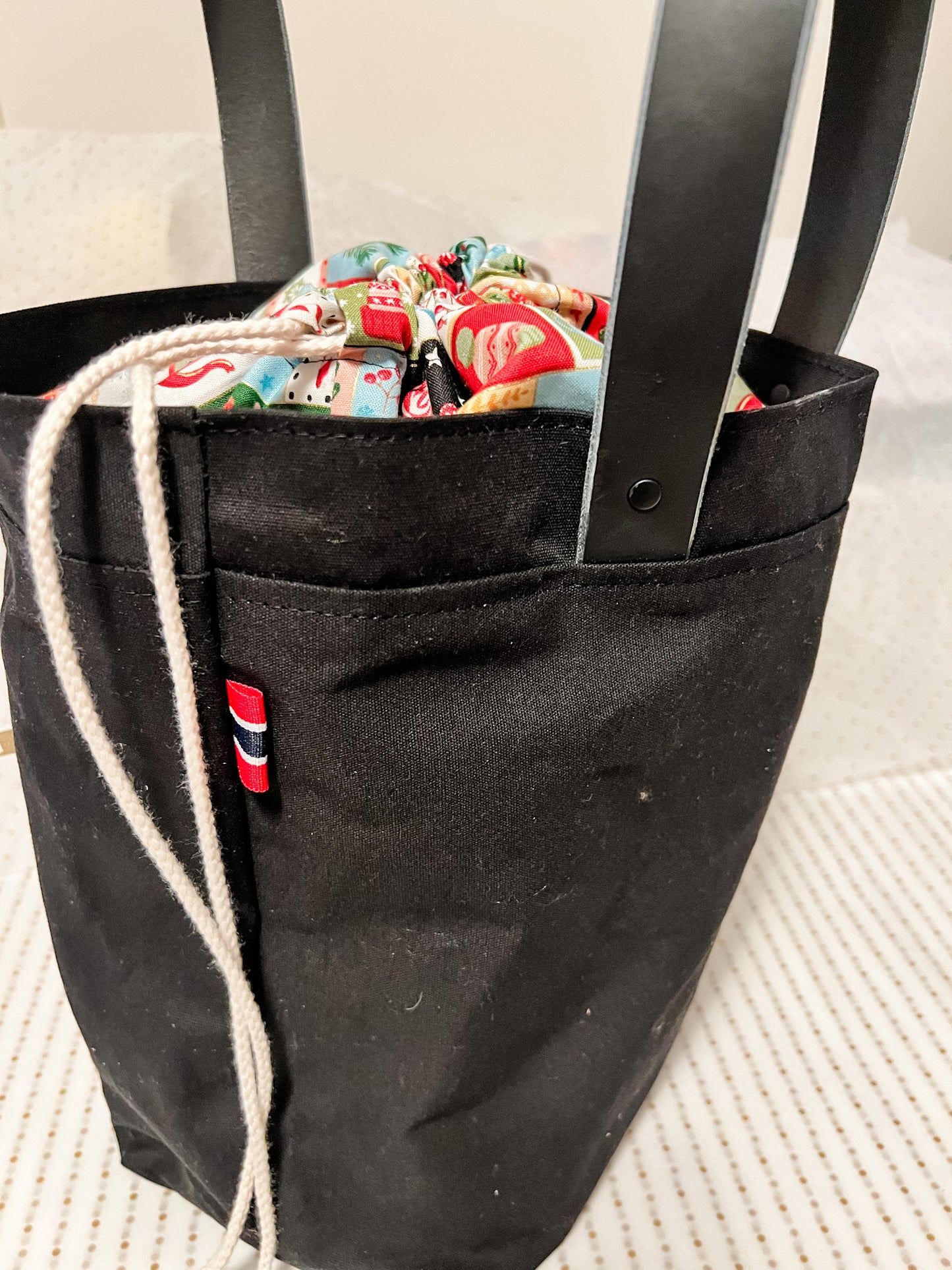 Canvas Drawstring Project Bag - Black  - Cozy Christmas theme