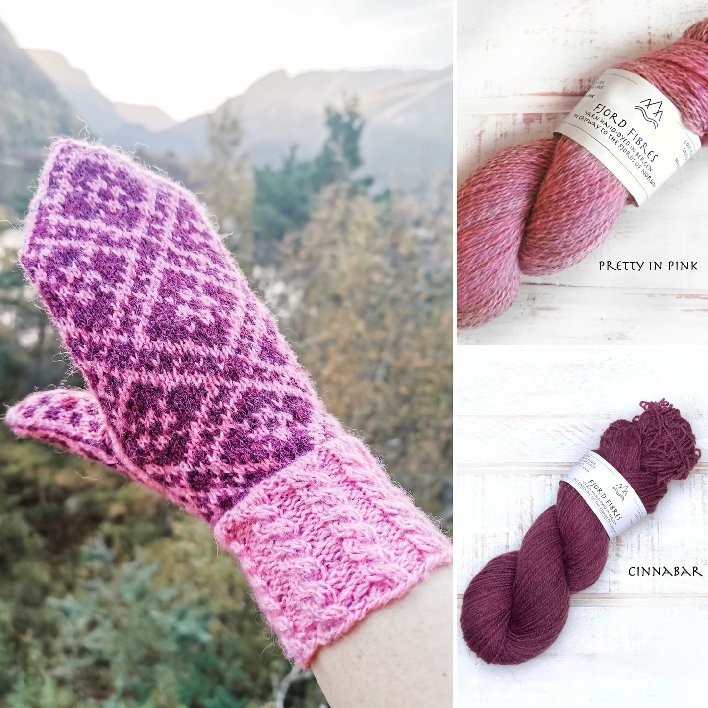 Fleur Élise Mittens Kit - Cinnabar/Pretty´n Pink - 2 x 50g yarn and Printed Pattern in English/Norwegian