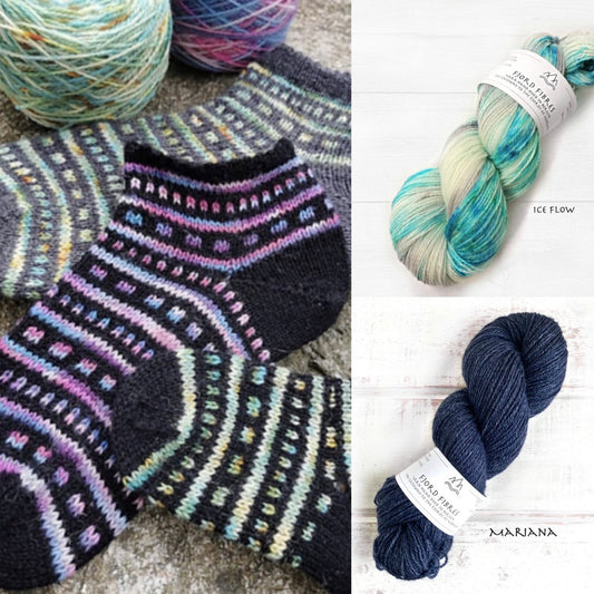 All that Jazz Socks Kit - Ice Flow/Mariana - Yarn and Printed Pattern in English/Norwegian