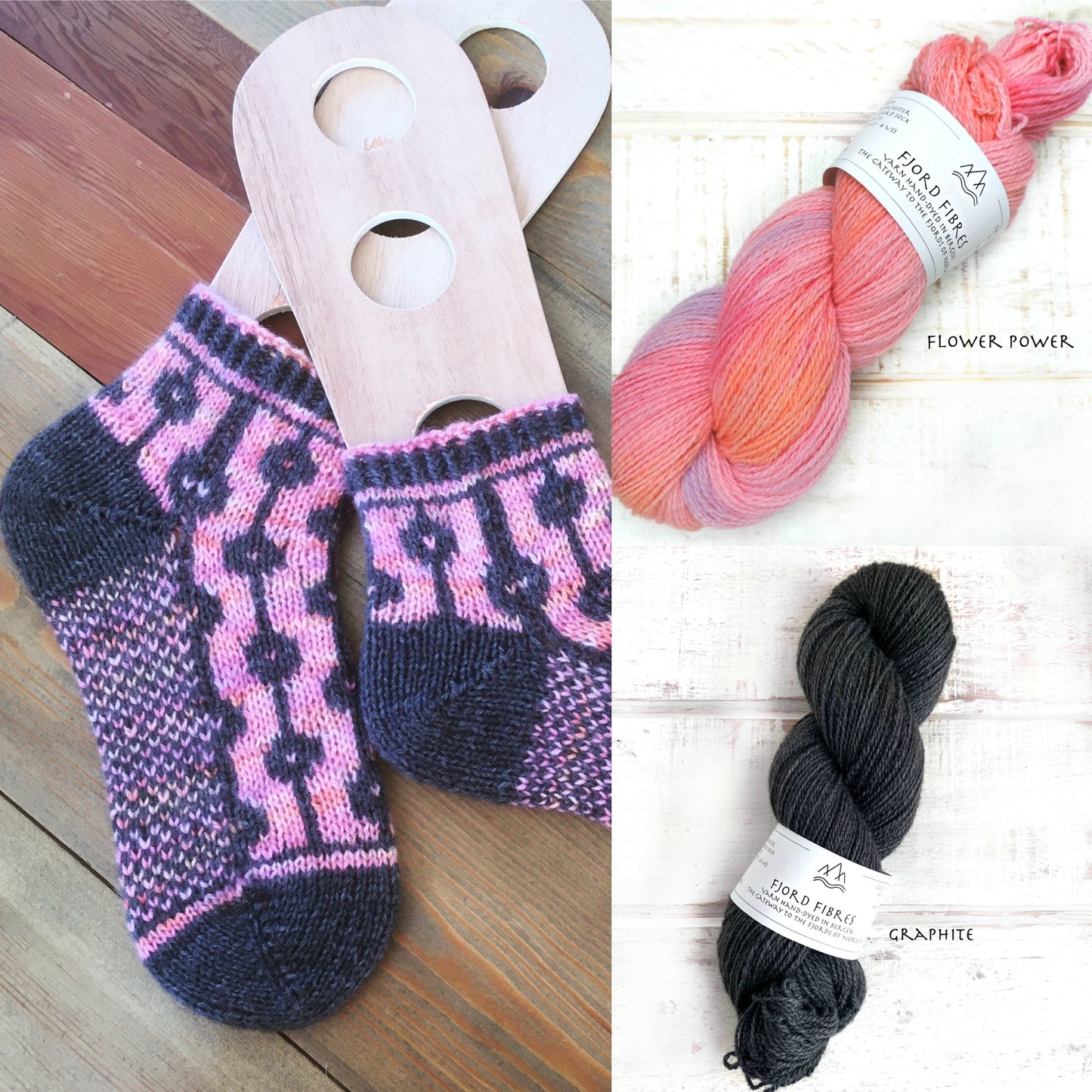Dotted Line Socks Kit - Flower Power/Graphite - Yarn and Printed Pattern in English/Norwegian