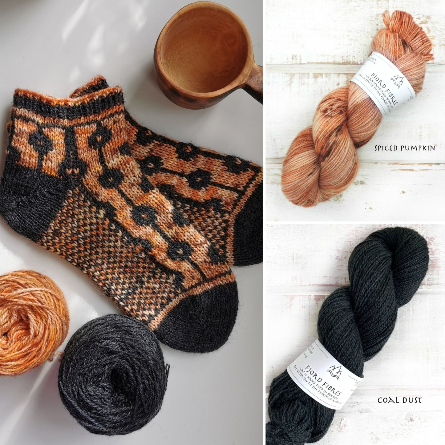 Dotted Line Socks Kit - Spiced Pumpkin/Coal Dust - Yarn and Printed Pattern in English/Norwegian